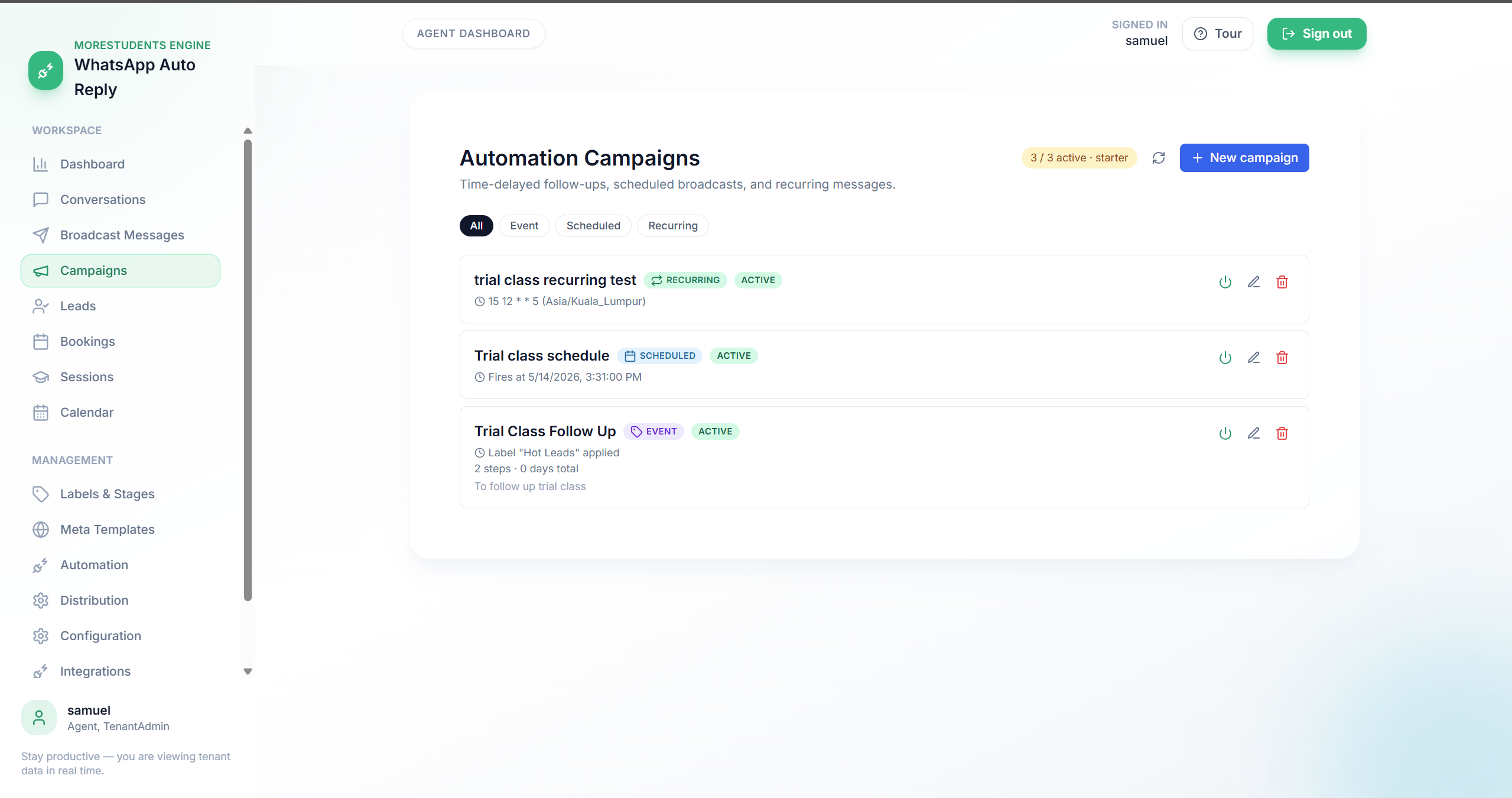 Automation Campaigns list with event, scheduled and recurring follow-ups