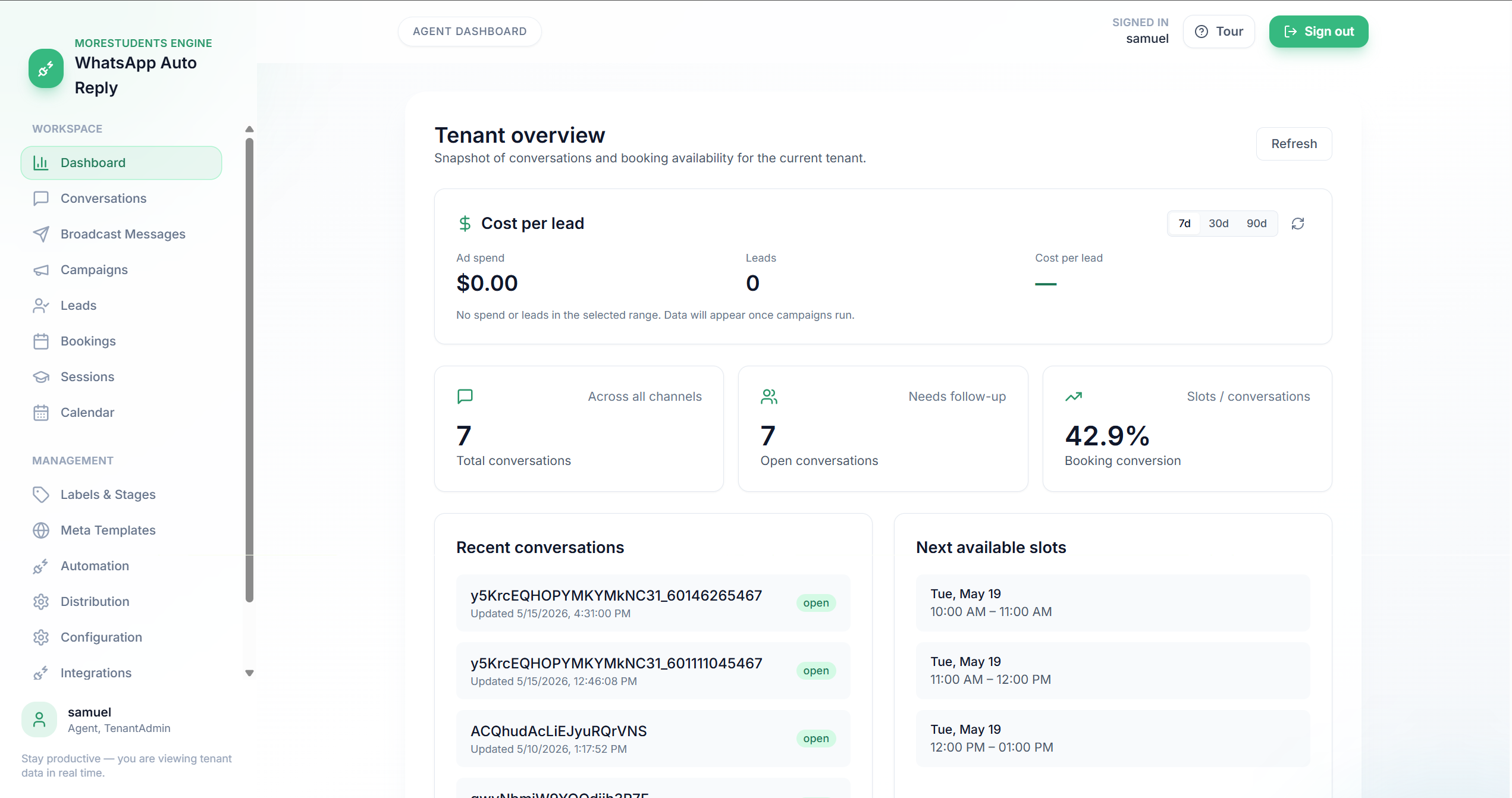 MoreStudents Engine dashboard showing conversations, booking conversion and next available slots