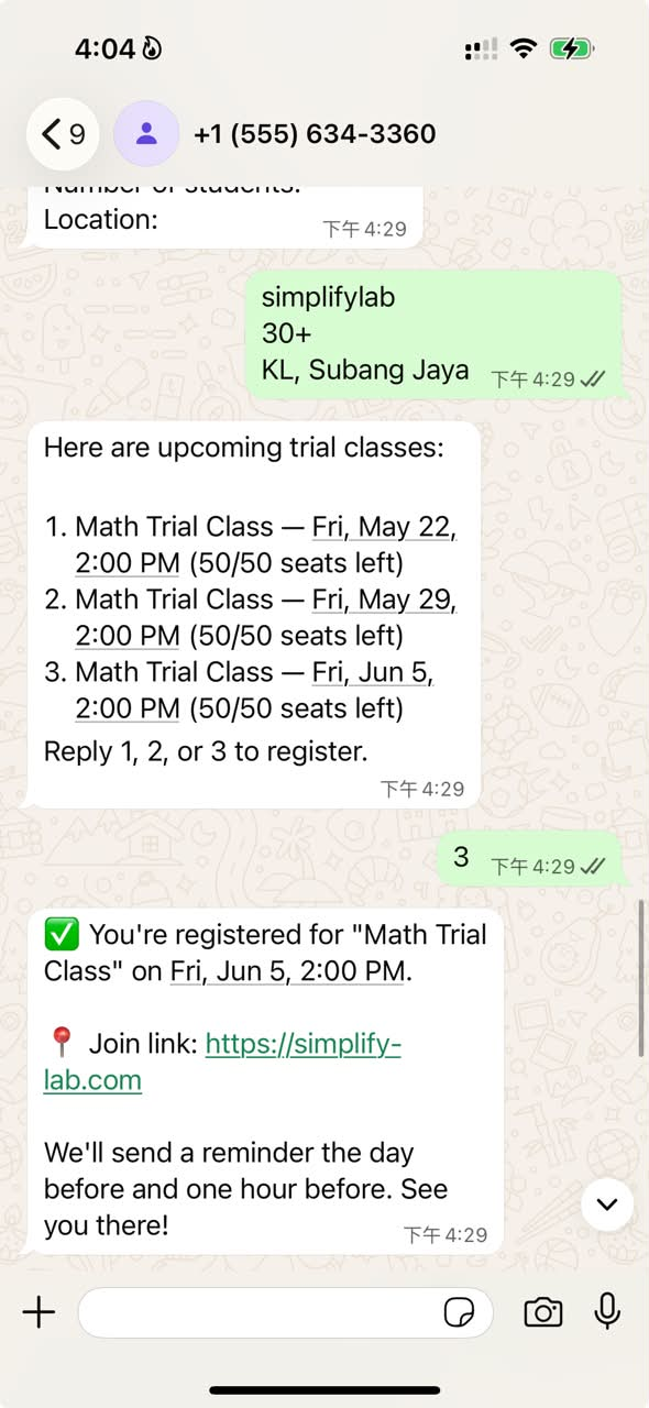 MoreStudents Engine answering a WhatsApp enquiry and registering a student for a trial class
